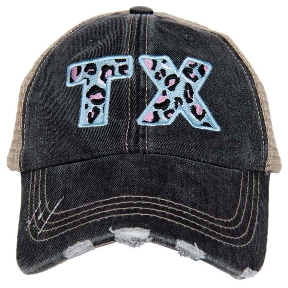 Blue Pink Leopard TX Texas State Embroidered Black Distressed Trucker Hat - Picture 1 of 2